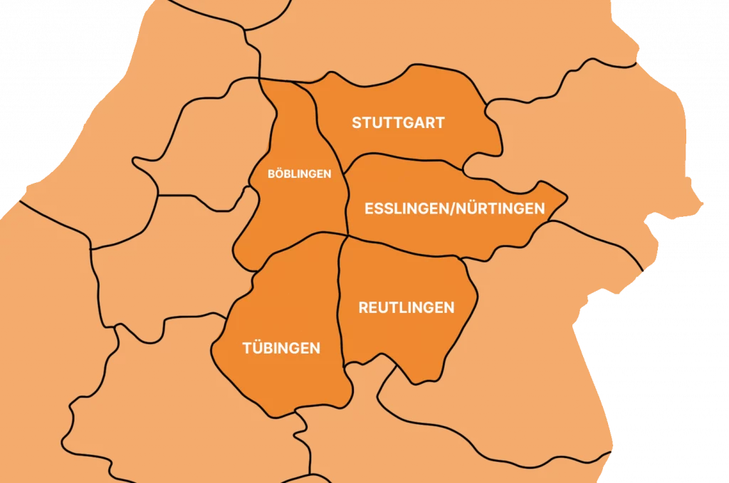 Einzugsgebiet ALB Objektservice: Reutlingen, Tübingen, Stuttgart, Esslingen/Nürtingen und Böblingen – Karte in Orange