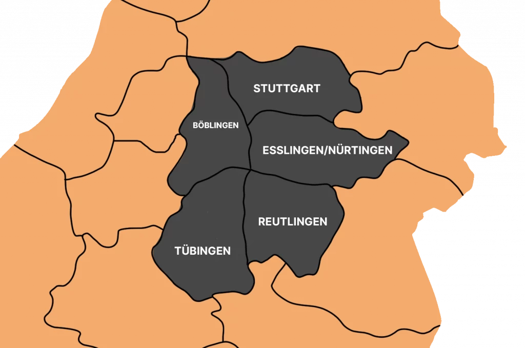 Karte des Einsatzgebiets von ALB Objektservice in Schwarz markiert: Reutlingen, Tübingen, Stuttgart, Esslingen/Nürtingen und Böblingen