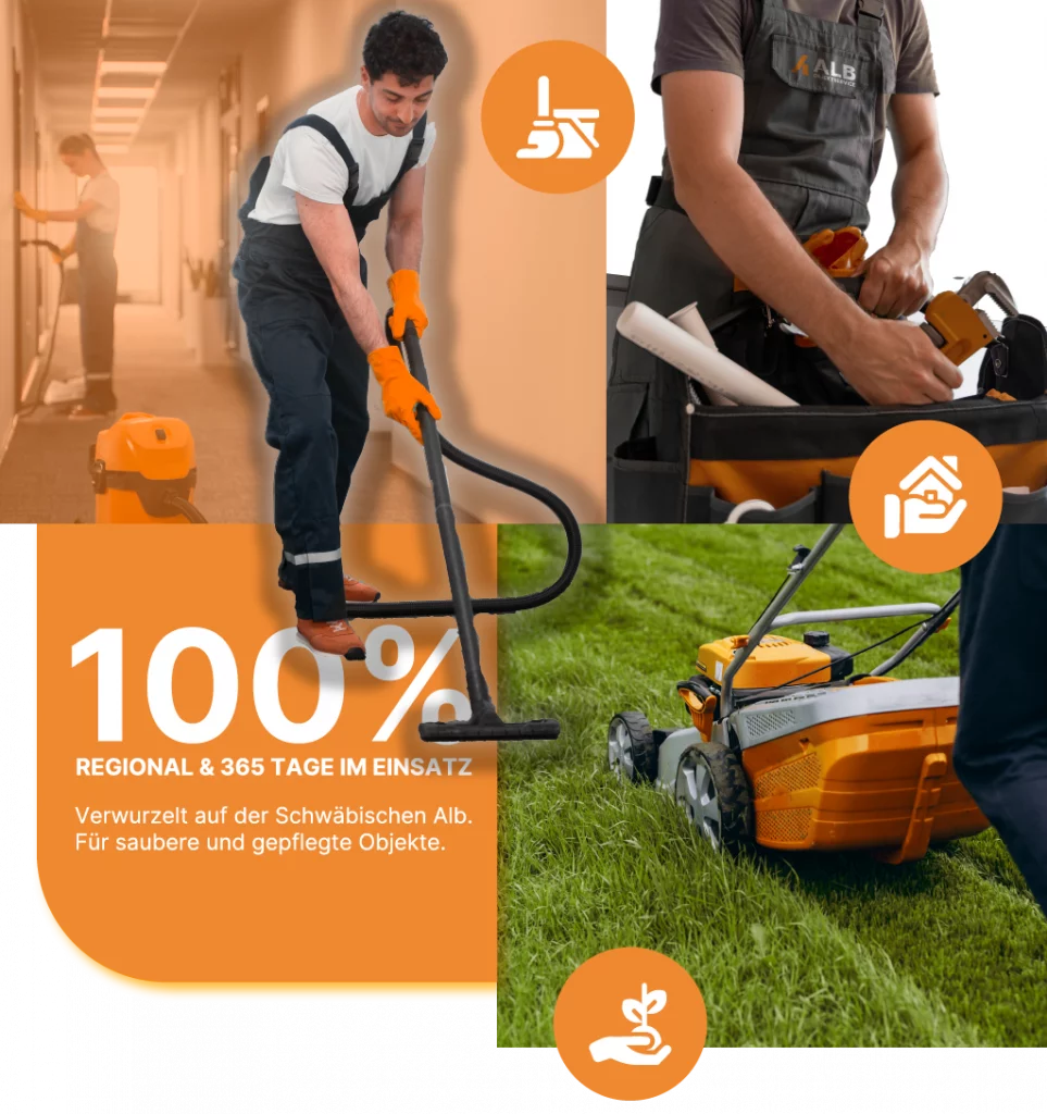 Mitarbeiter von ALB Objektservice bei Gebäudereinigung, Reparaturarbeiten und Rasenpflege – regionaler Reinigungs- und Hausmeisterservice